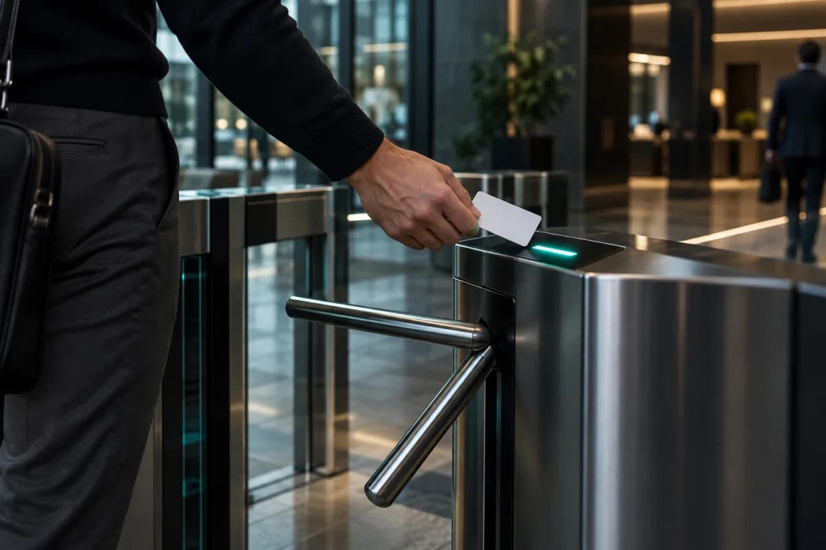 A hand presenting an access credential at an office turnstile.