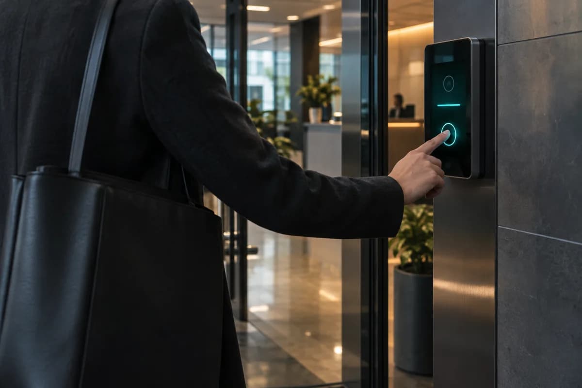 An employee using a wall-mounted attendance device at an office entrance.
